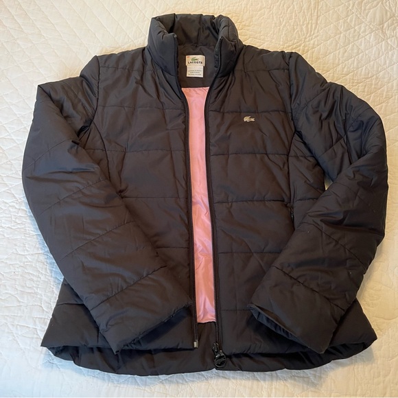LACOSTE Vintage Devanlay Women's Black Puffer Coat Pink Lining size 38/Small - Picture 1 of 16